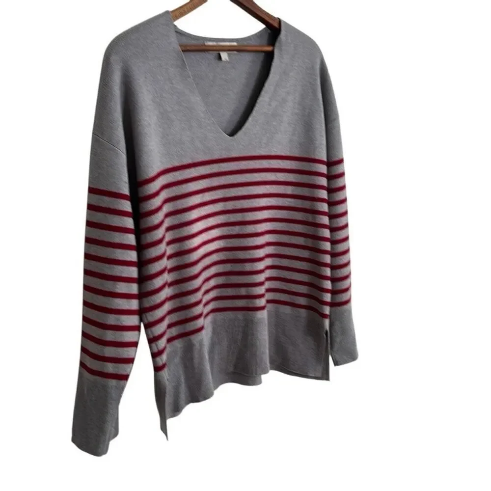 Loft‎ Stripe V-Neck Long Sleeve Knit Pullover Sweater Gray Red Size Large